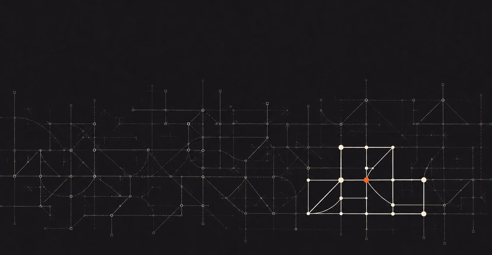 A wide network of pale, precisely drawn nodes and routes spanning the full frame at very light weight; toward the right one small region of that same network is drawn heavily in bright white with solid nodes, and a single vermillion node sits at its center