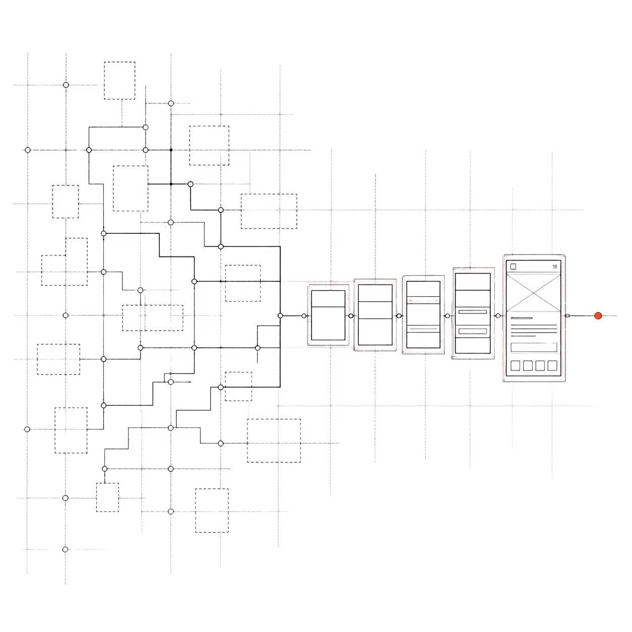 Line drawing of a branching system diagram resolving into a sequence of five wireframe screens
