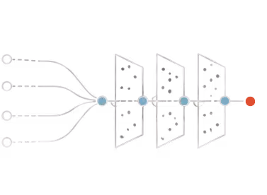 Four dashed lines merging into one path that passes through three angled panels to a single endpoint