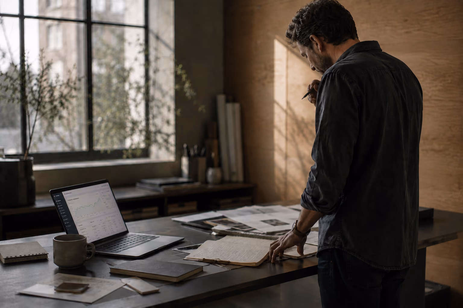 A person standing at a desk by a tall window, writing on printed sheets beside an open laptop and a coffee cup