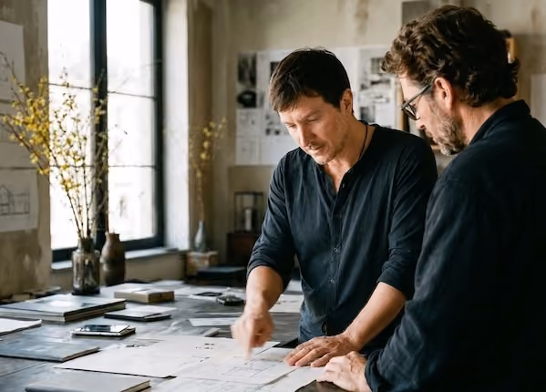 Two people standing at a table covered with printed drawings, one pointing at a sheet