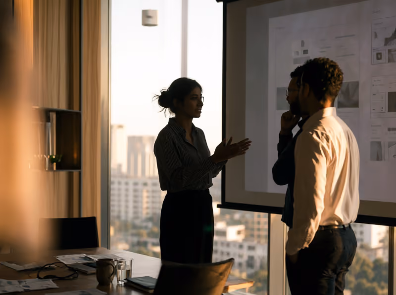 three people in conversation in front of a projected screen in a professional environment