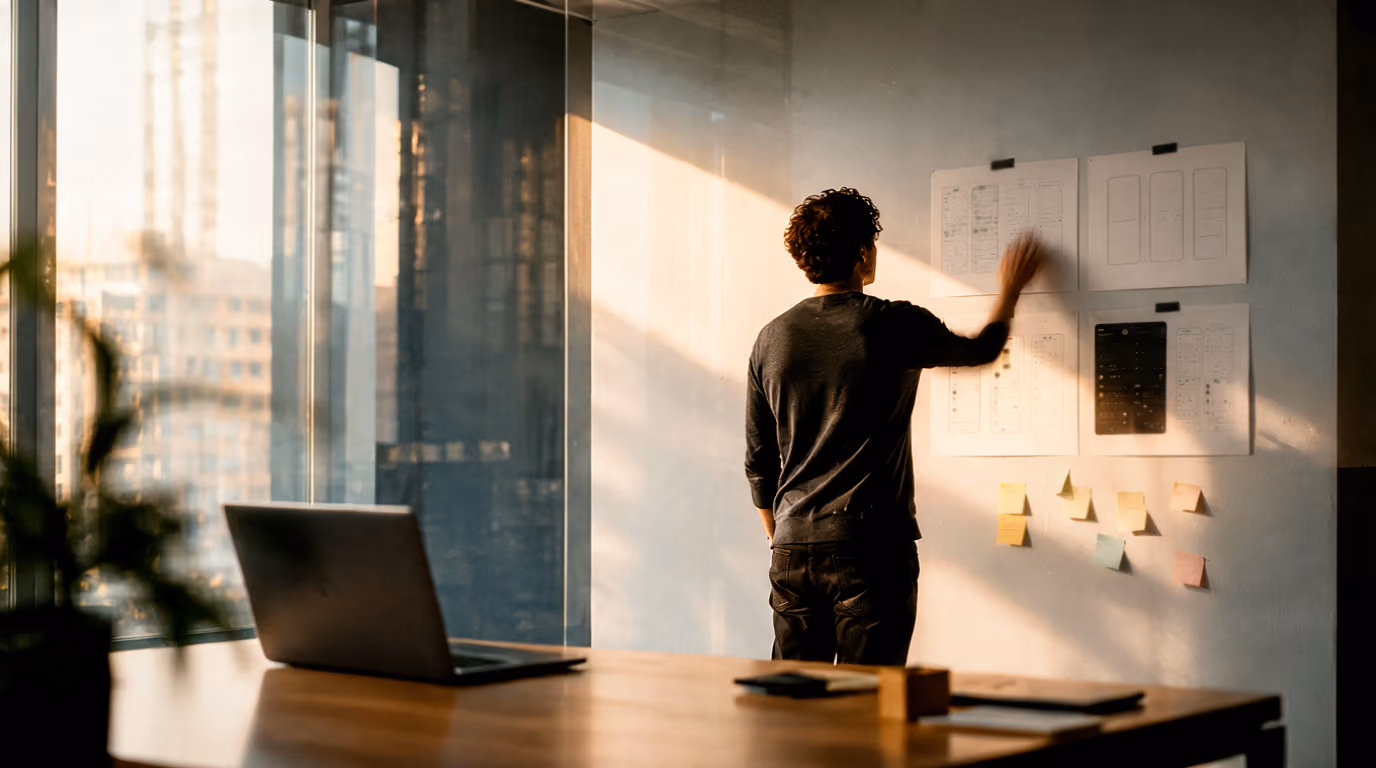 A man in an office environment looking at strategy docs taped to the wall