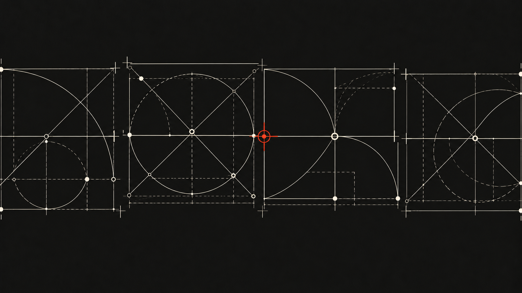 Four precise geometric drawings set edge to edge, whose lines fail to meet at the seams, except one joint marked in vermillion where everything aligns.