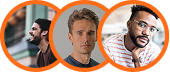 Three men shown in close-up, each with differing facial hair and expressions, bordered by an orange circle.