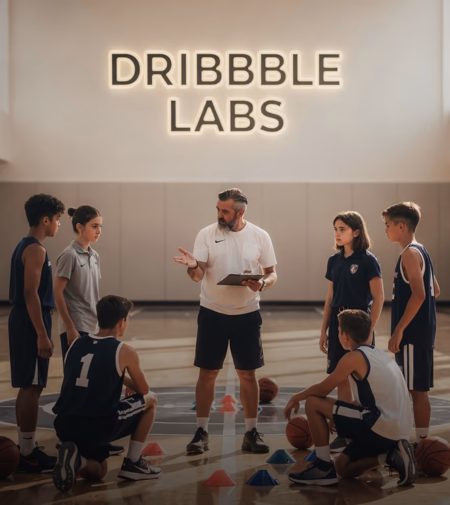 Basketball coach with clipboard instructs a group of six young players on court with cones.