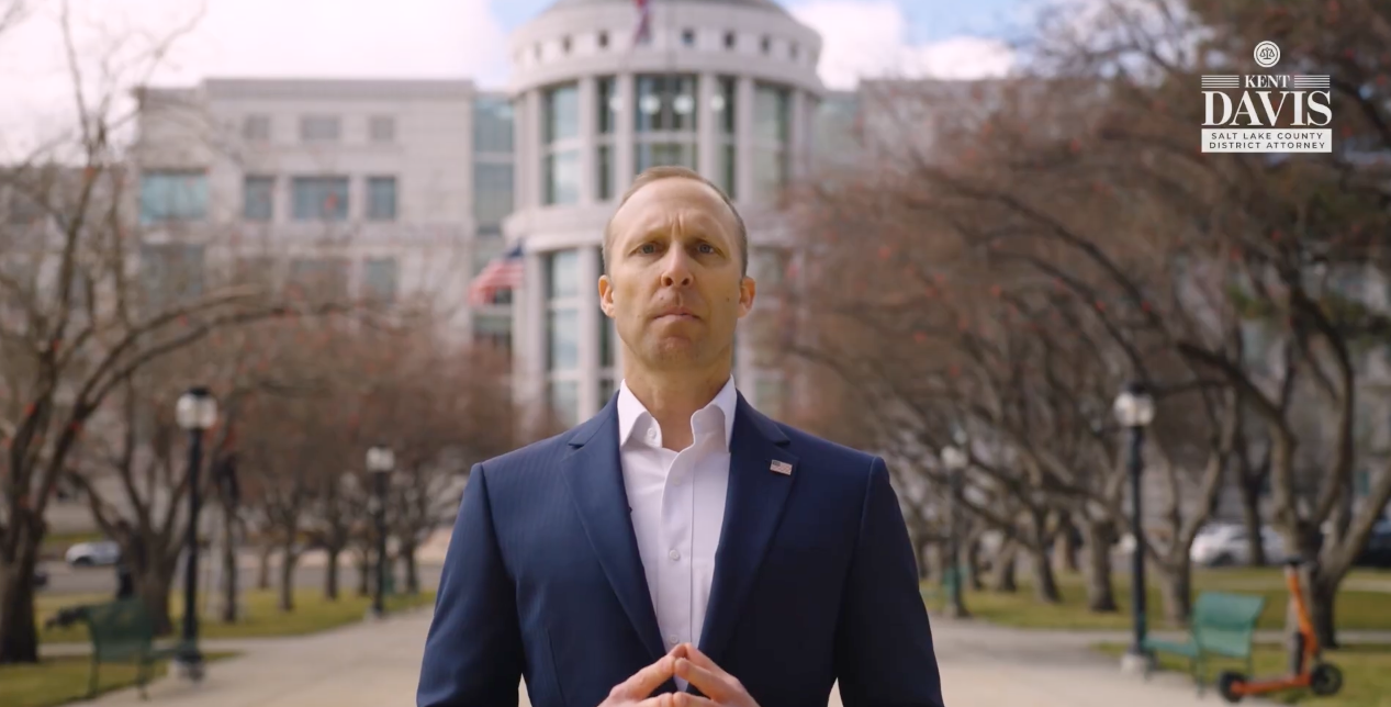 Kent Davis speaking in front of the Salt Lake City and County Building