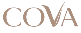 The brand name COVA in stylized uppercase letters with a soft brown color.