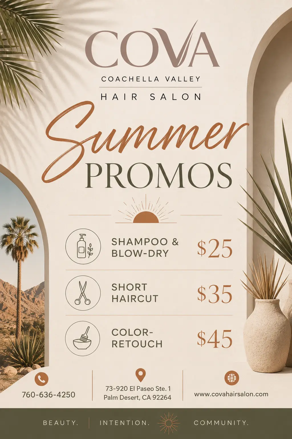 Promotional flyer for COVA Coachella Valley Hair Salon summer promos offering shampoo and blow-dry for $25, short haircut for $35, and color retouch for $45, with contact number 760-636-4250, address 73-920 El Paseo Ste. 1, Palm Desert, CA 92264, and website www.covahairsalon.com, set against a desert landscape and decorative plants.