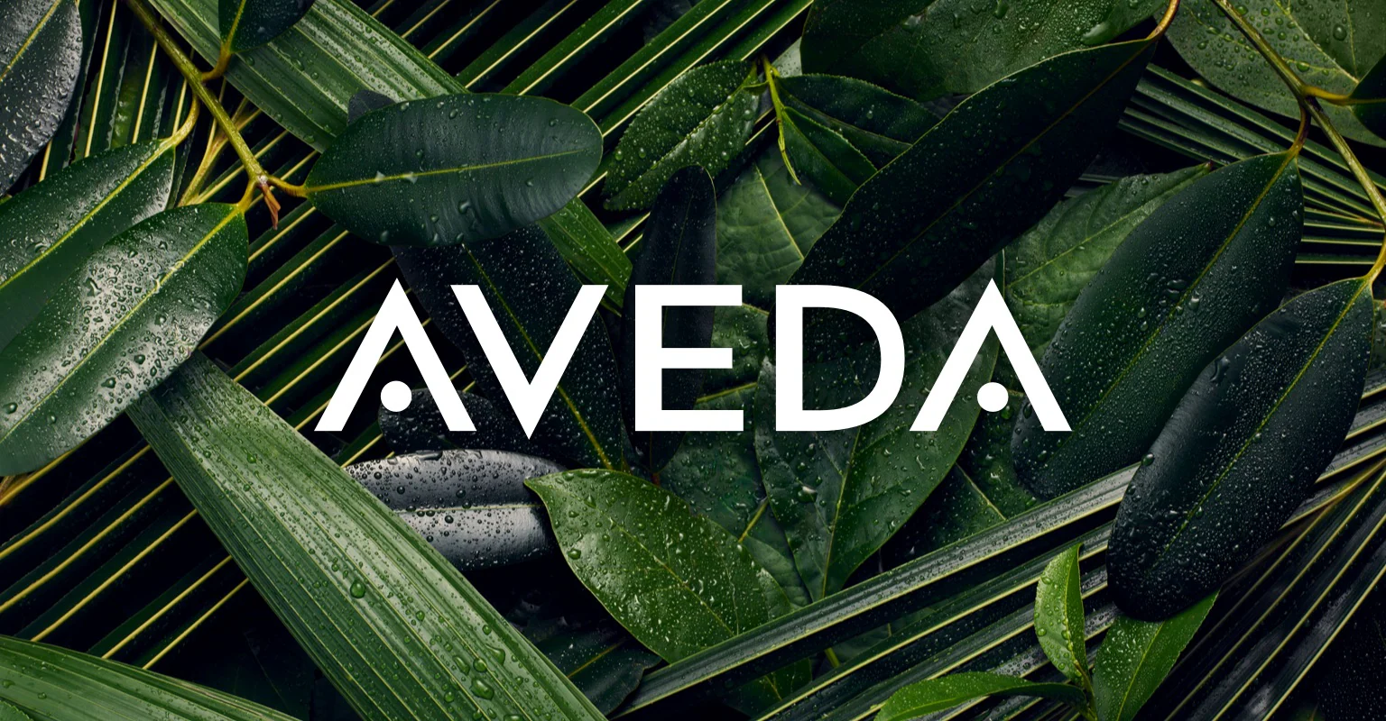 AVEDA logo in white letters over a background of dark green leaves with water droplets.