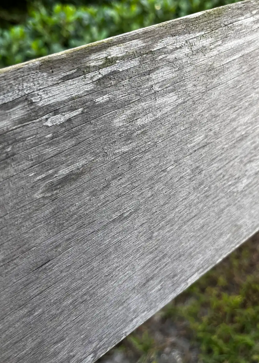 Weathered grey fence board before restoration