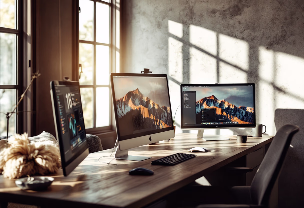 Developer workstation with desktop computer and keyboard used for software development at Deserttree Retail, LLC