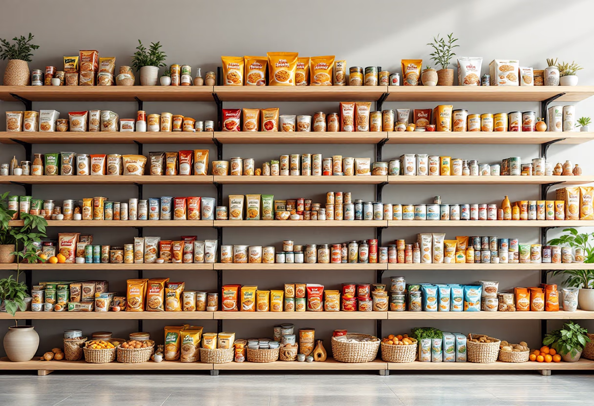 Packaged goods arranged on a retail shelf