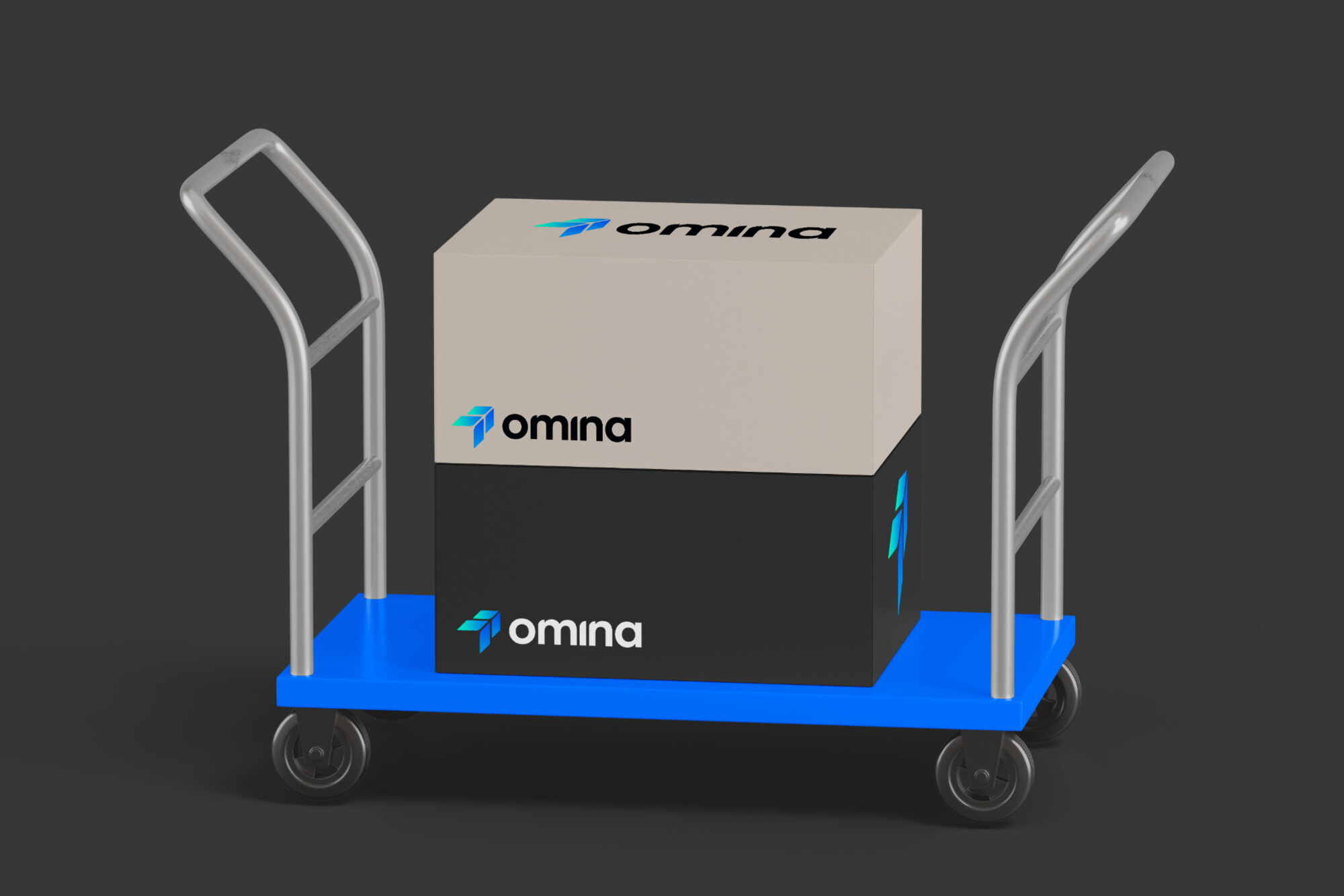 Branded cartons stacked on a warehouse trolley