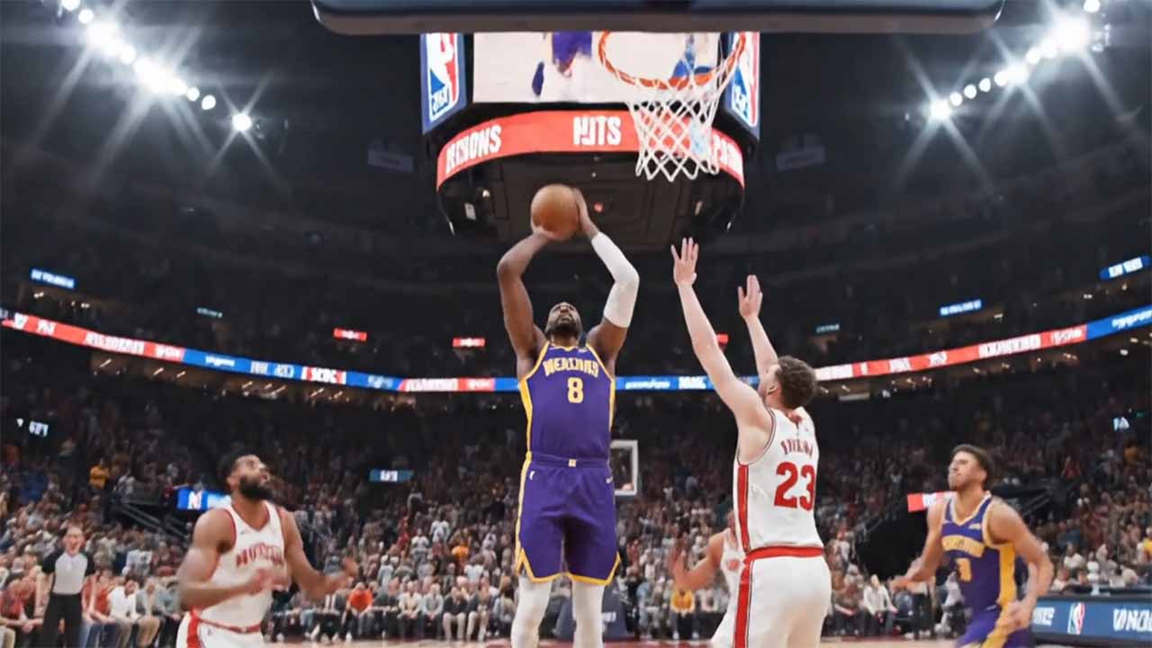Basketball player in purple jersey attempts shot as opponents in white defend during a packed arena game.