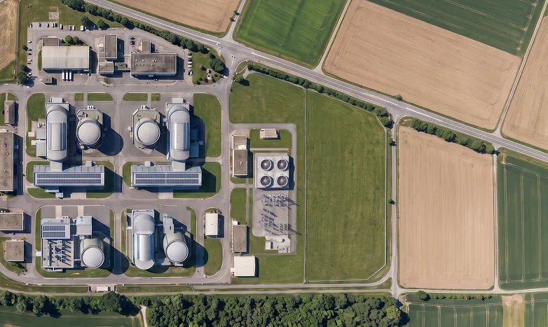 An aerial view of a large industrial complex with rooftop solar panels