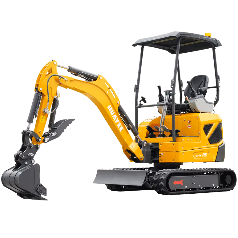 Yellow HUAYEE SHY15 mini excavator with black open cabin and digging arm.