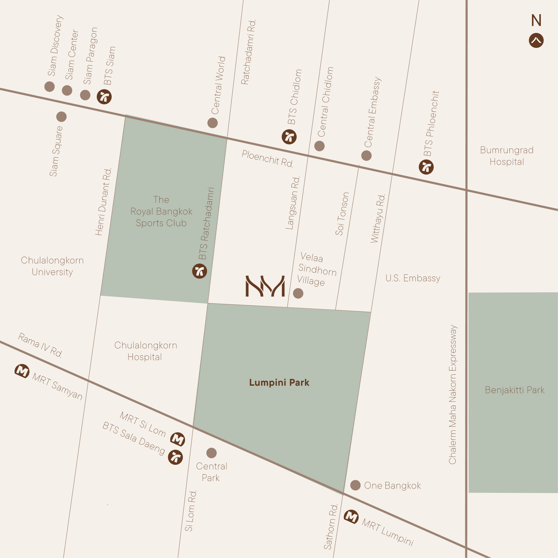 Map showing NIMIT Lumpini Park North on Langsuan Road beside Lumpini Park