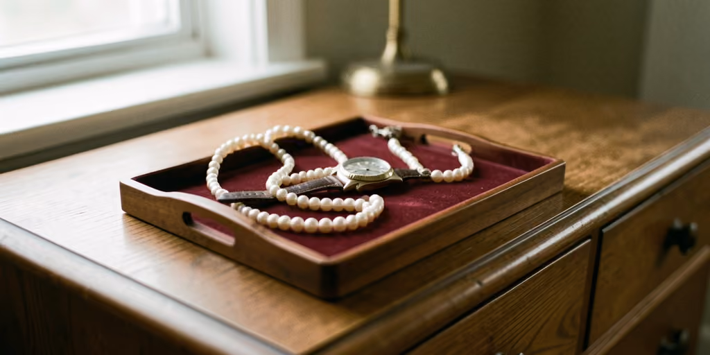 A strand of pearls and a wristwatch resting in a velvet-lined valet tray on a wooden dresser