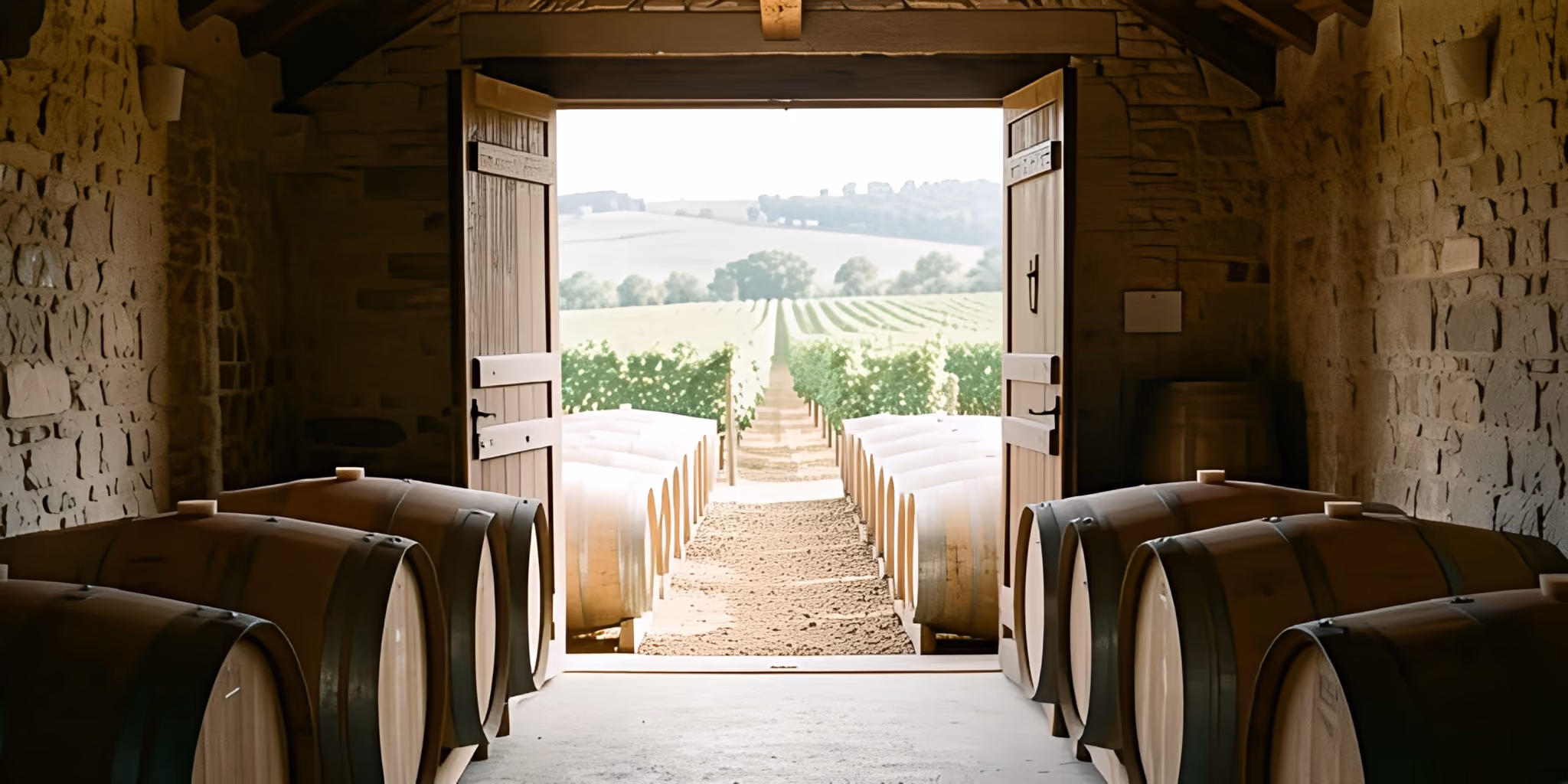 A stone barrel cellar lined with oak wine barrels, opening onto a sunlit vineyard