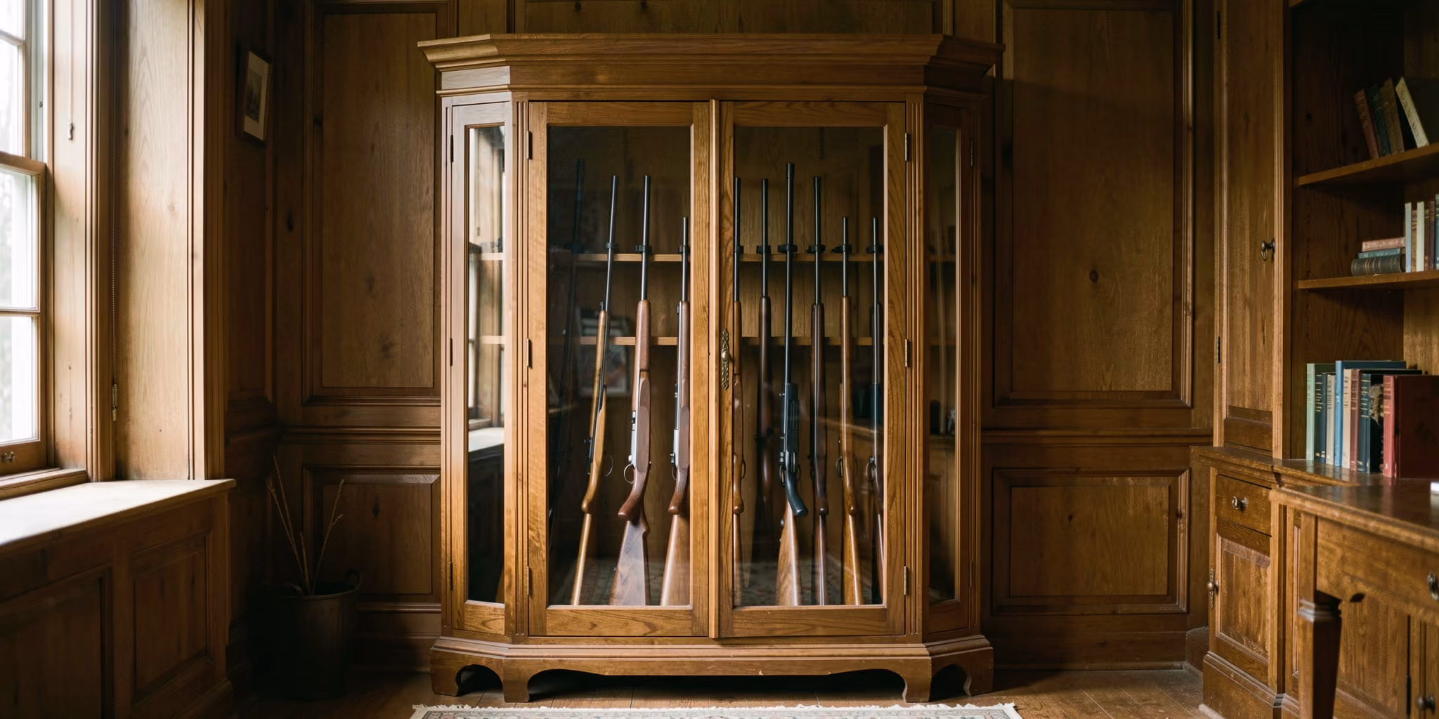 A glass-fronted wooden cabinet displaying sporting rifles in a panelled study