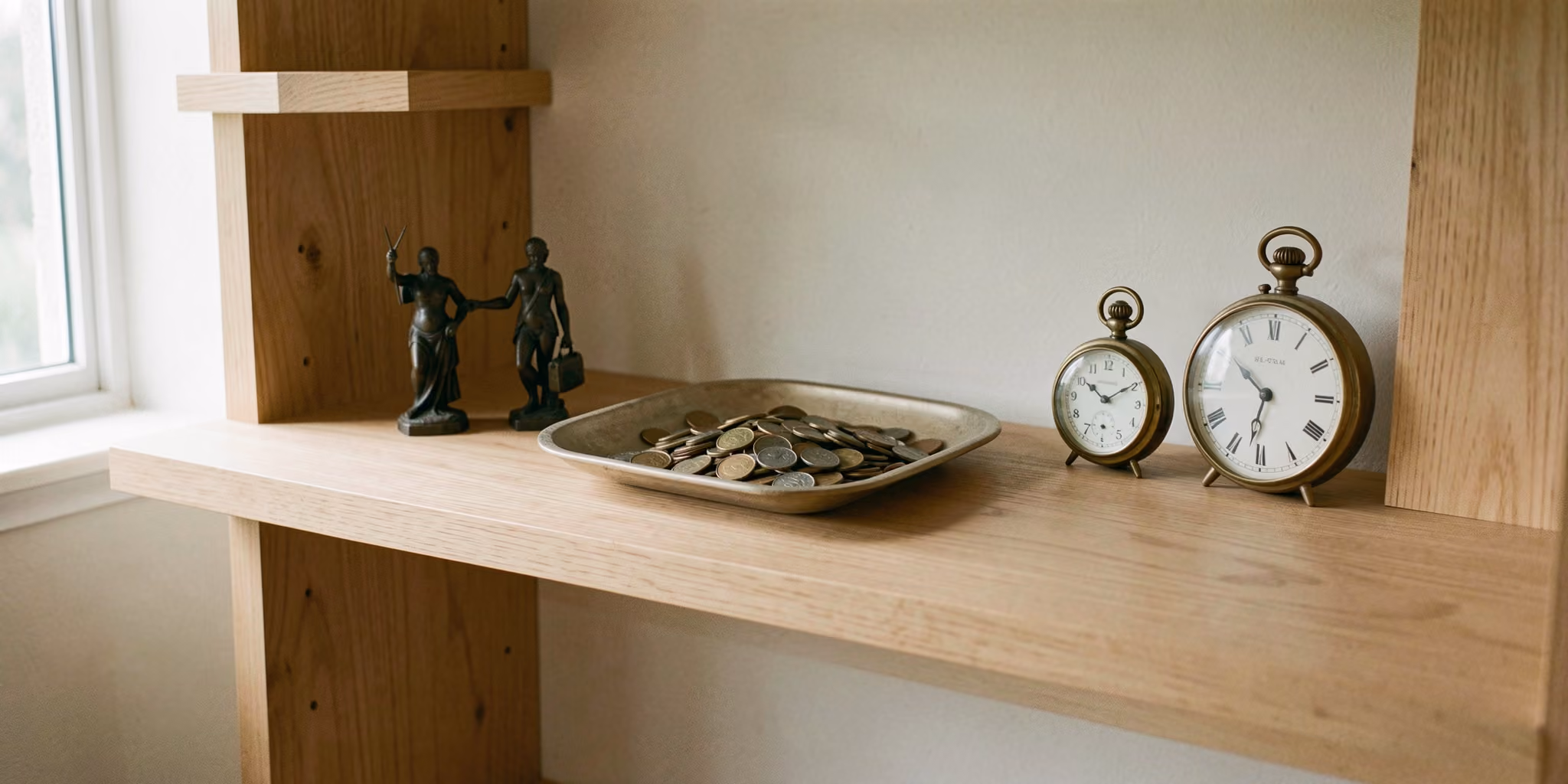 A wooden shelf displaying bronze figurines, a dish of antique coins and two pocket watches