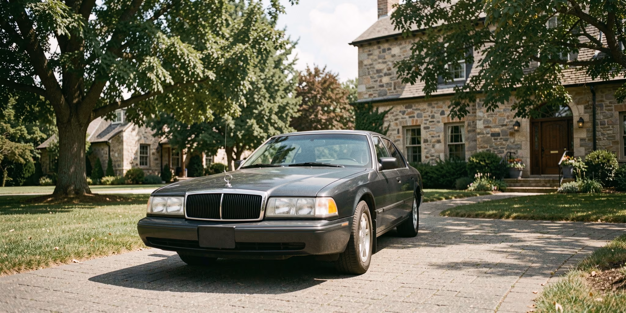 A sedan parked on the paved driveway of a stone home shaded by mature trees