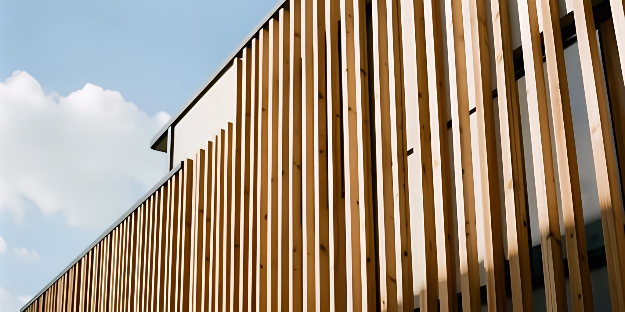 Modern building clad in vertical timber slats against a clear blue sky
