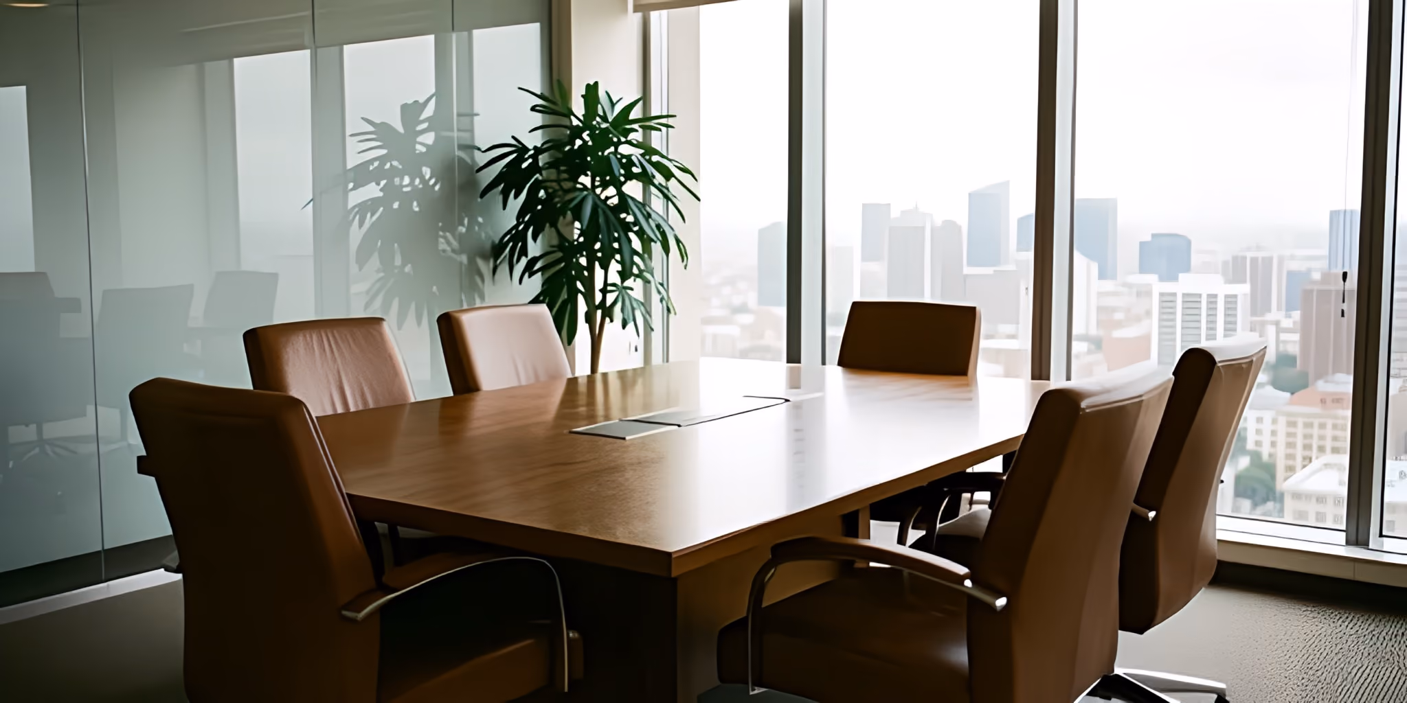 Empty boardroom with a polished wood table, leather chairs and a city skyline through floor-to-ceiling windows