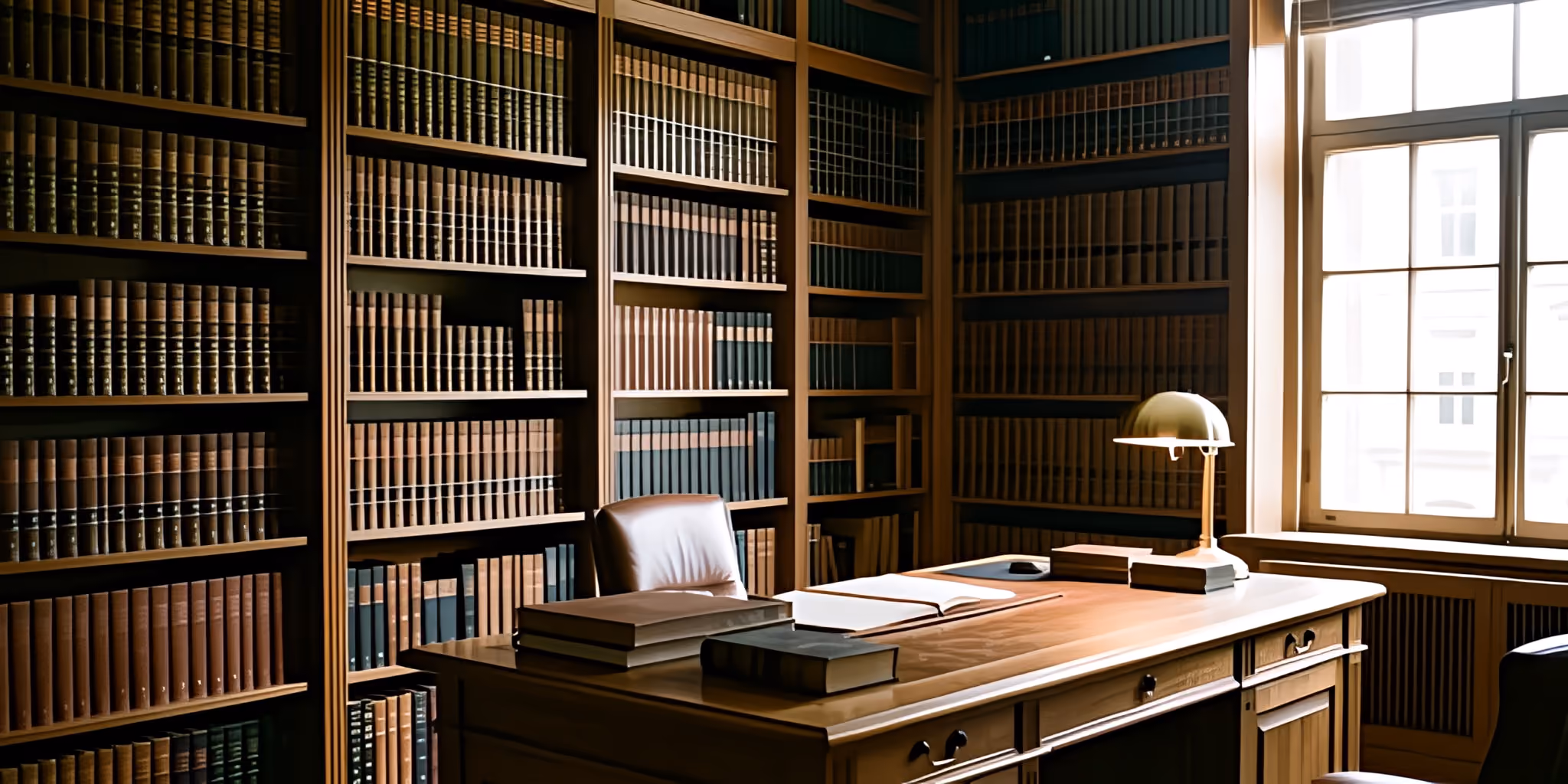 A law library office lined with bound volumes, a leather chair and an open book on a wooden desk
