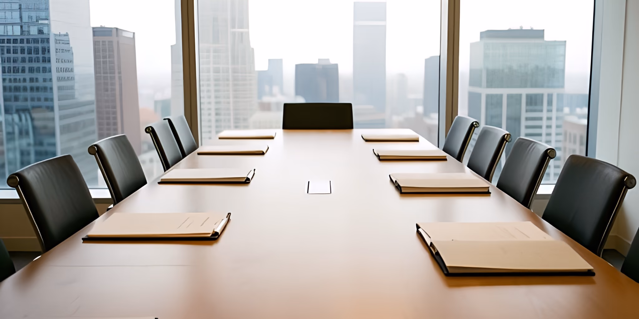 A long boardroom table set with notepads, overlooking a downtown skyline through glass walls