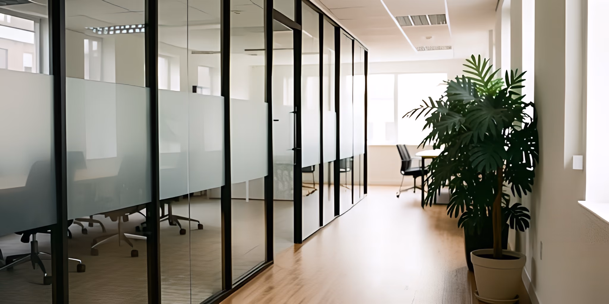 A modern office corridor with glass-partitioned meeting rooms and a large potted plant