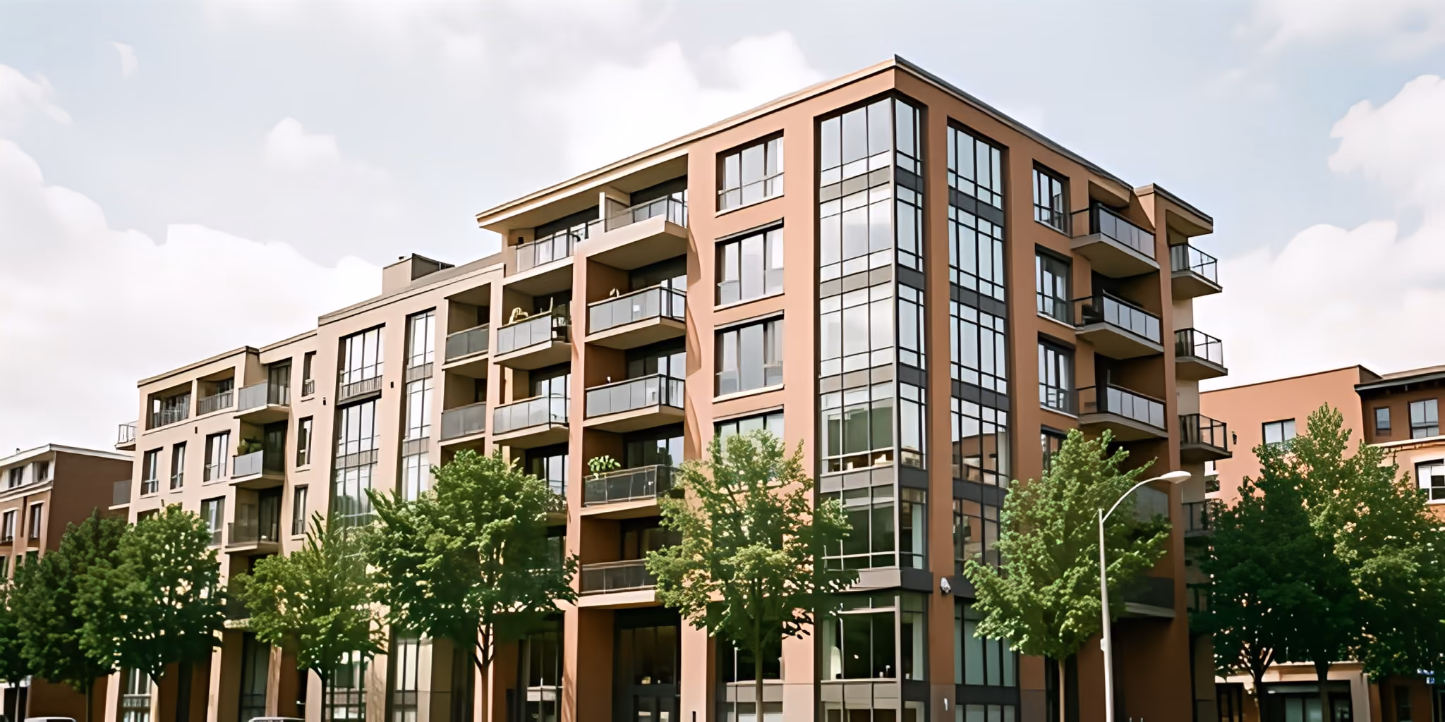 A modern brick mid-rise apartment building with balconies, framed by street trees
