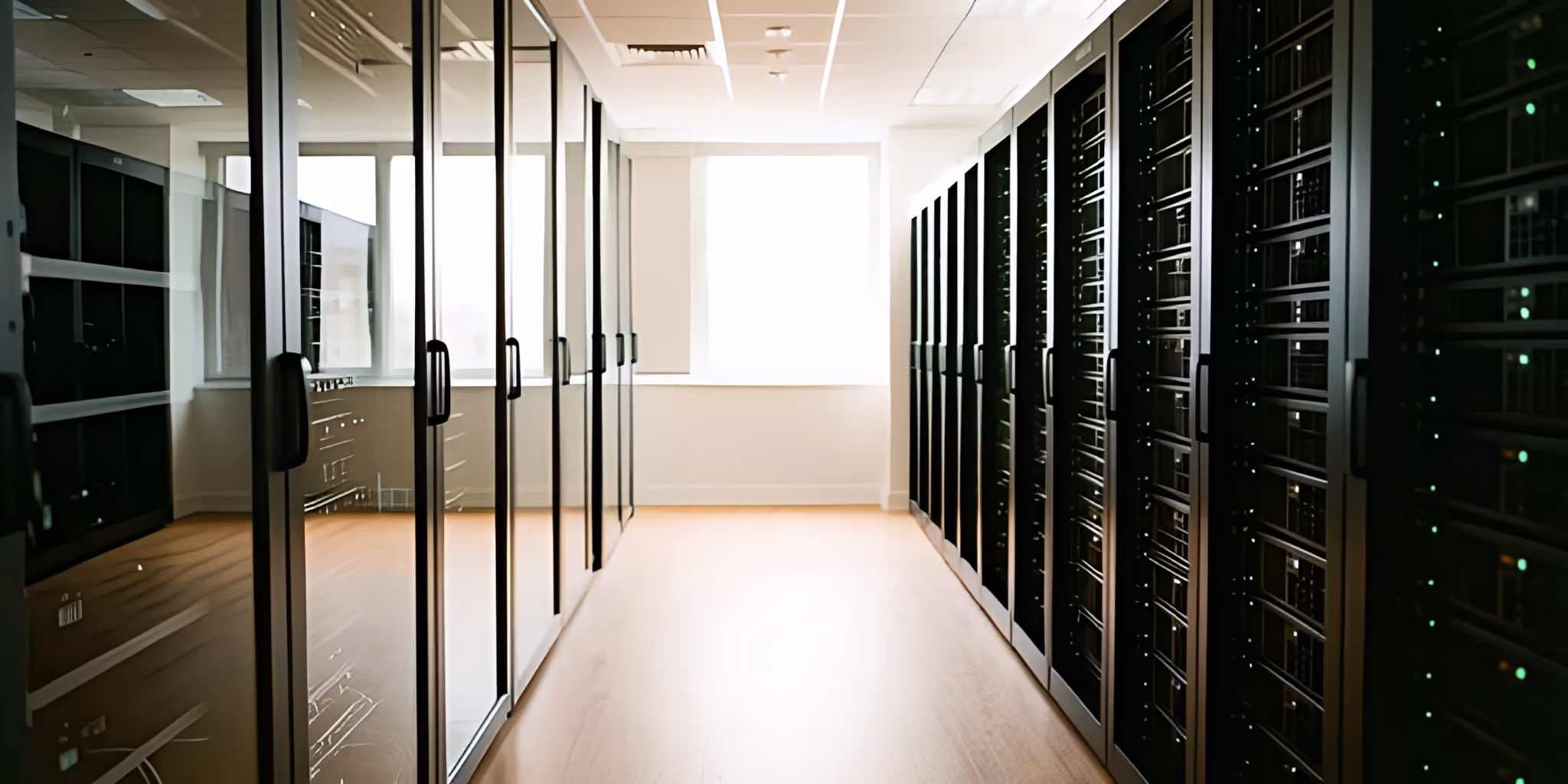 Corridor of server racks in a data center, status lights glowing along the cabinets