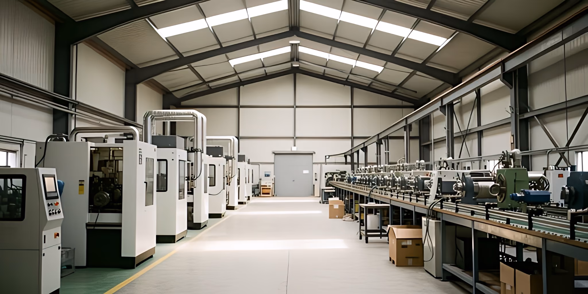 A factory floor lined with CNC machining equipment and a production line under skylights