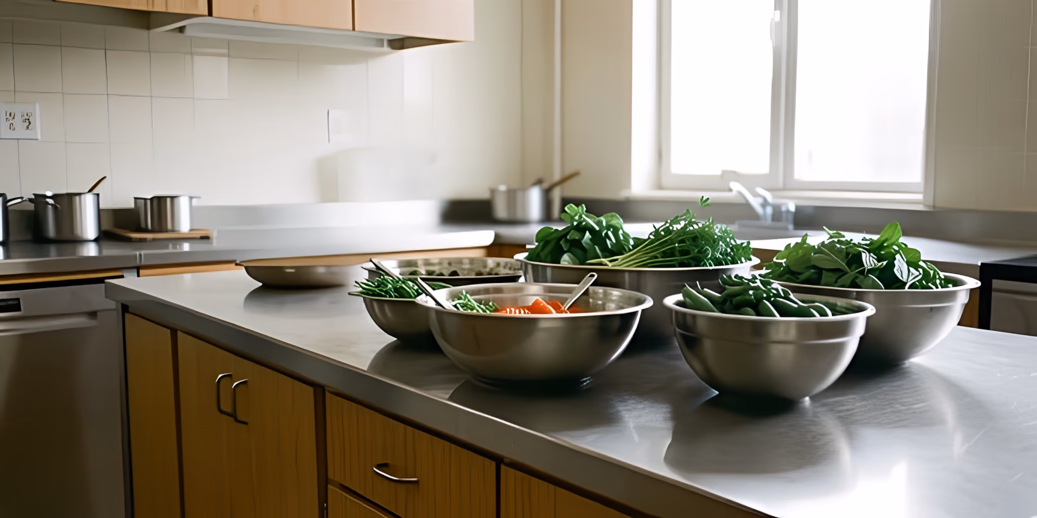 A stainless steel commercial kitchen counter with mixing bowls of fresh herbs and greens