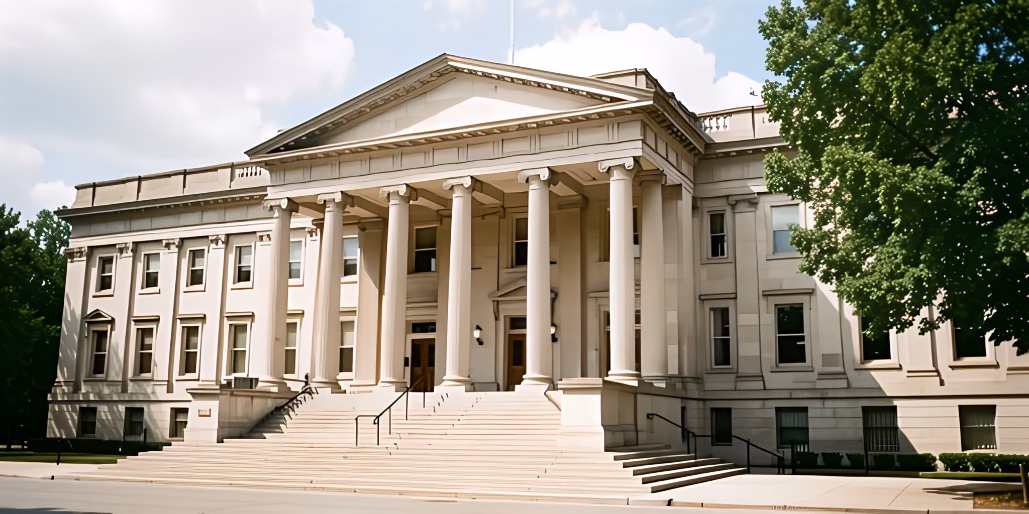 A neoclassical government building with tall stone columns and a wide front staircase