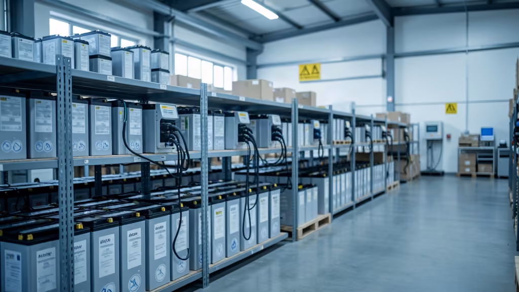 Lithium-ion battery packs stored on racks in an organised warehouse