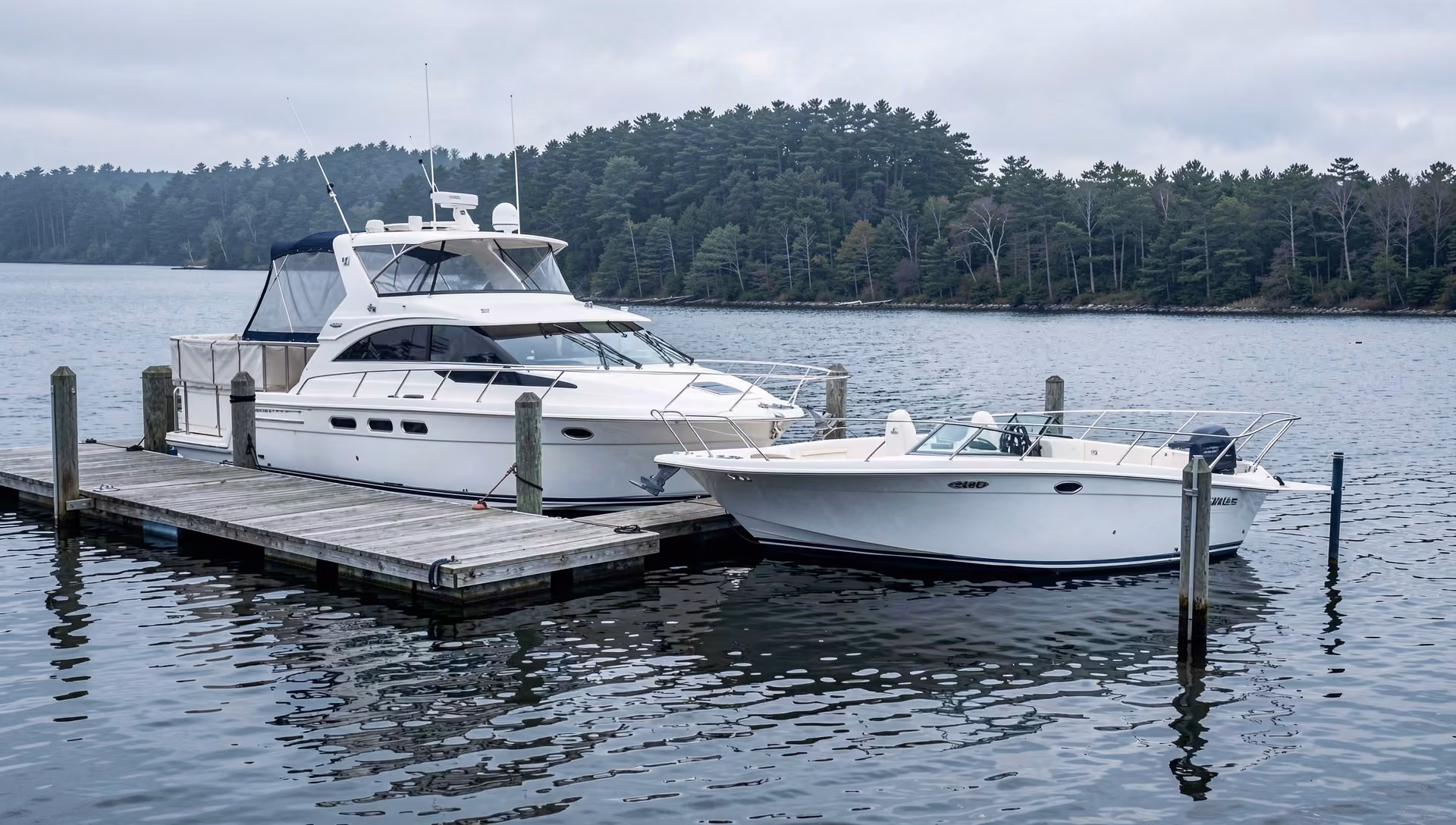 A private motor yacht and a center console boat moored at rest along a wooden dock at a quiet inland marina