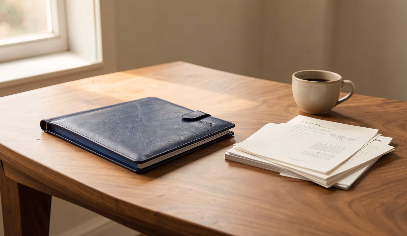 A single organised portfolio on a clean desk in warm morning light