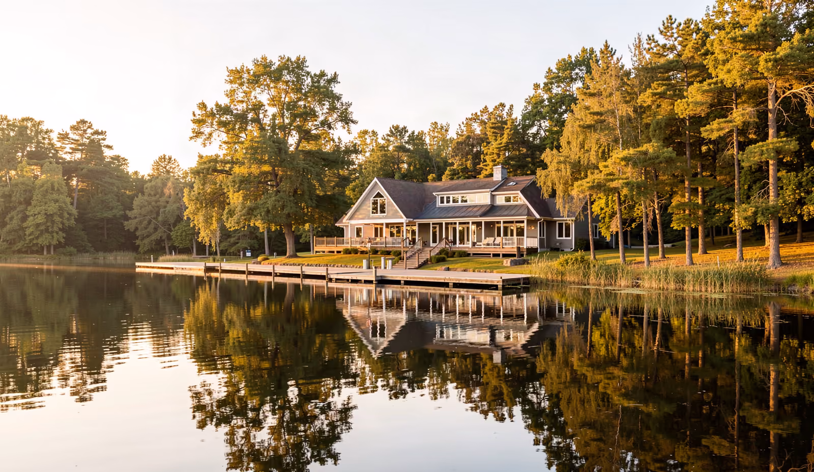 A lakeside second home among mature trees in late afternoon light