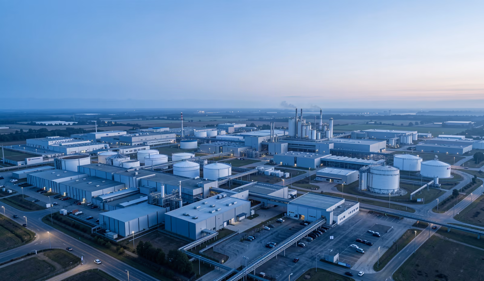 A large international industrial complex at dawn