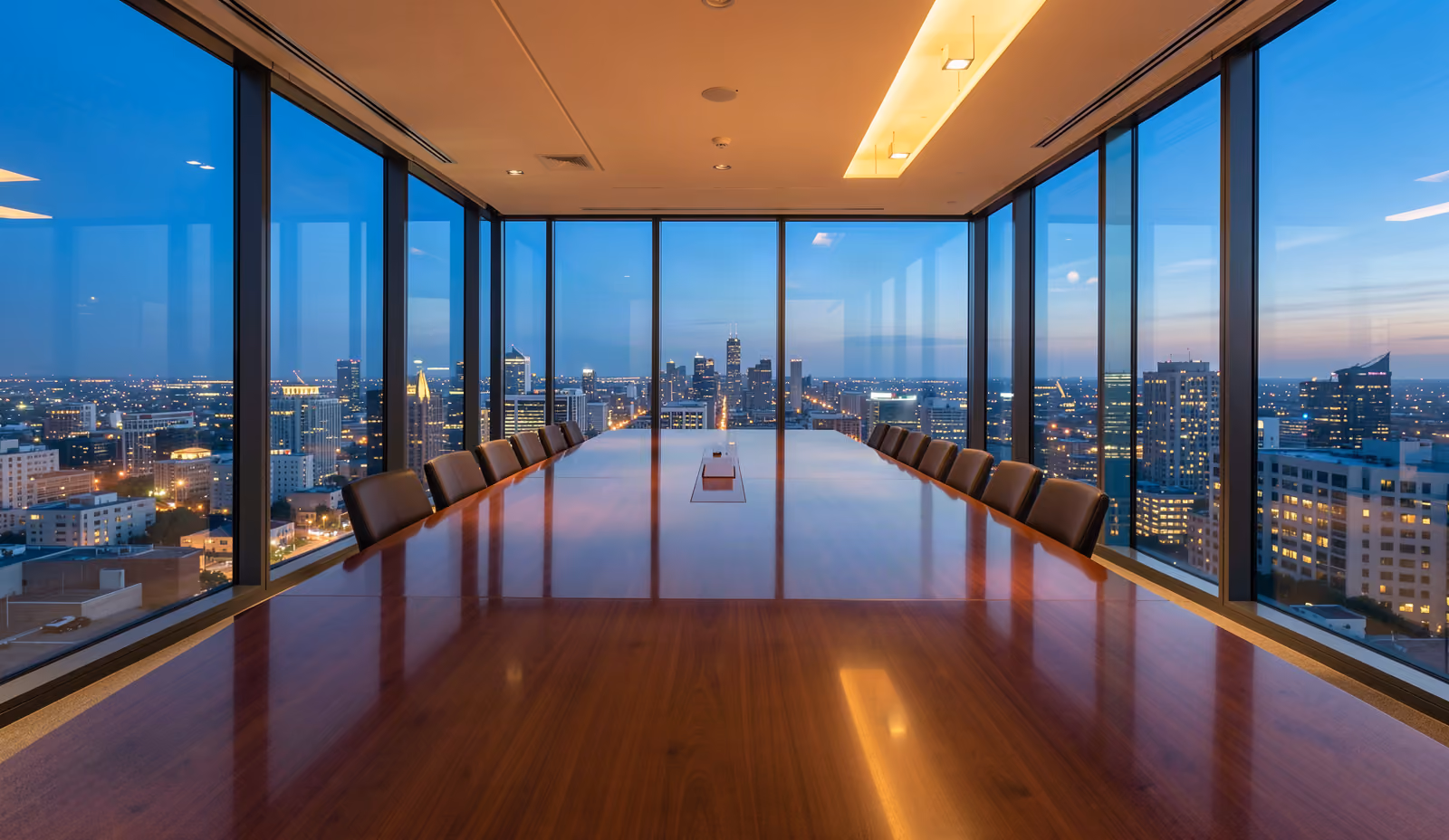 A modern corporate boardroom above a city skyline at dusk