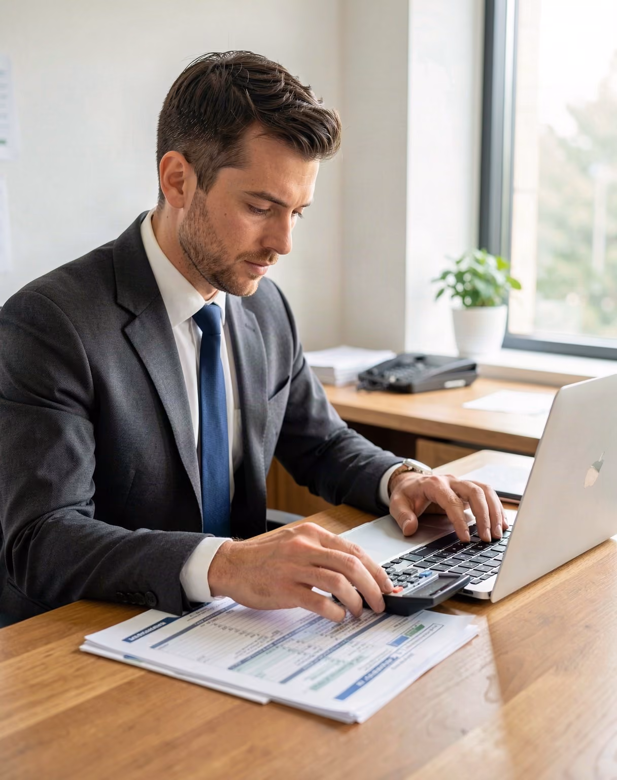 An accountant working through spreadsheets at a desk