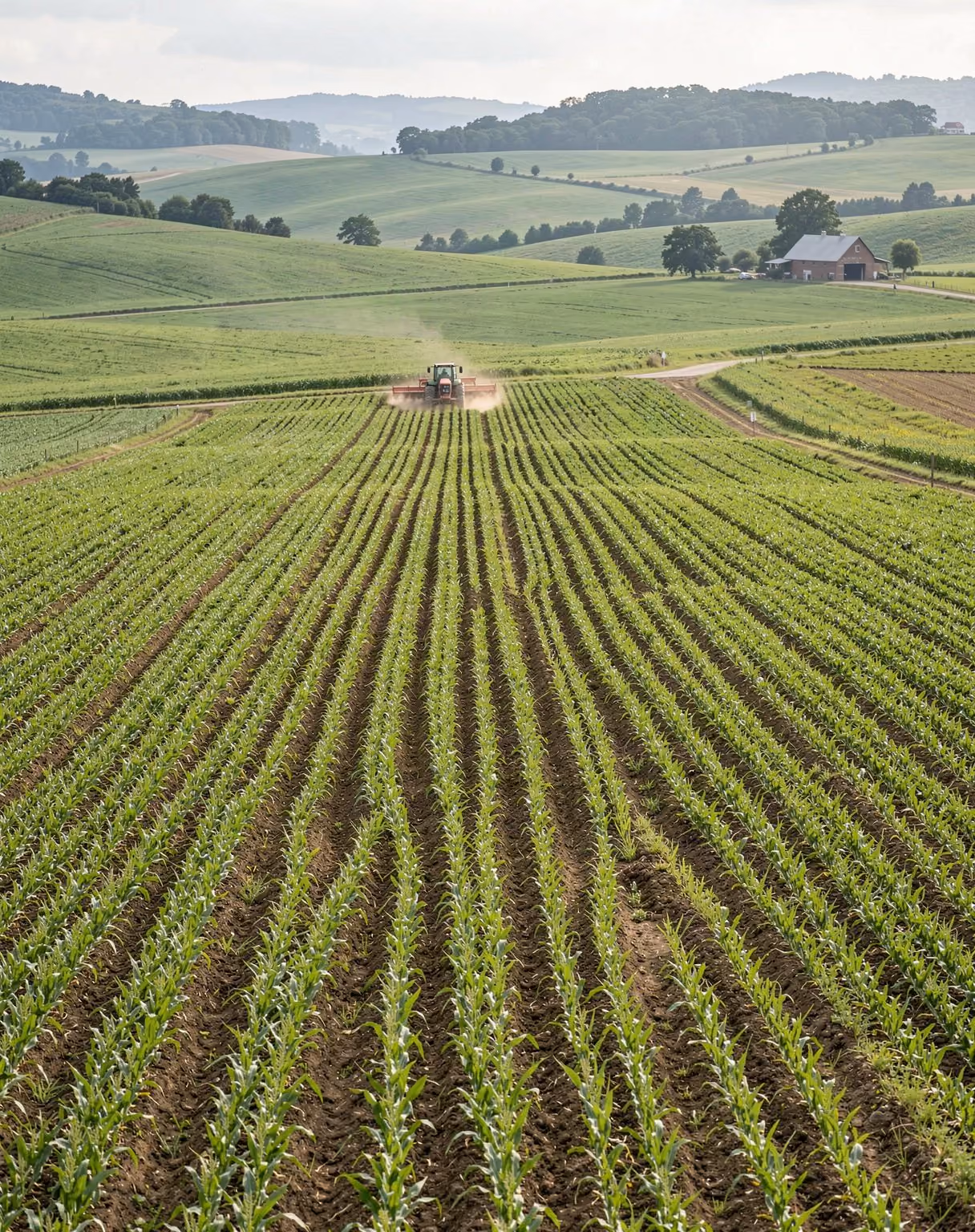 A tractor working green farm fields with a barn beyond