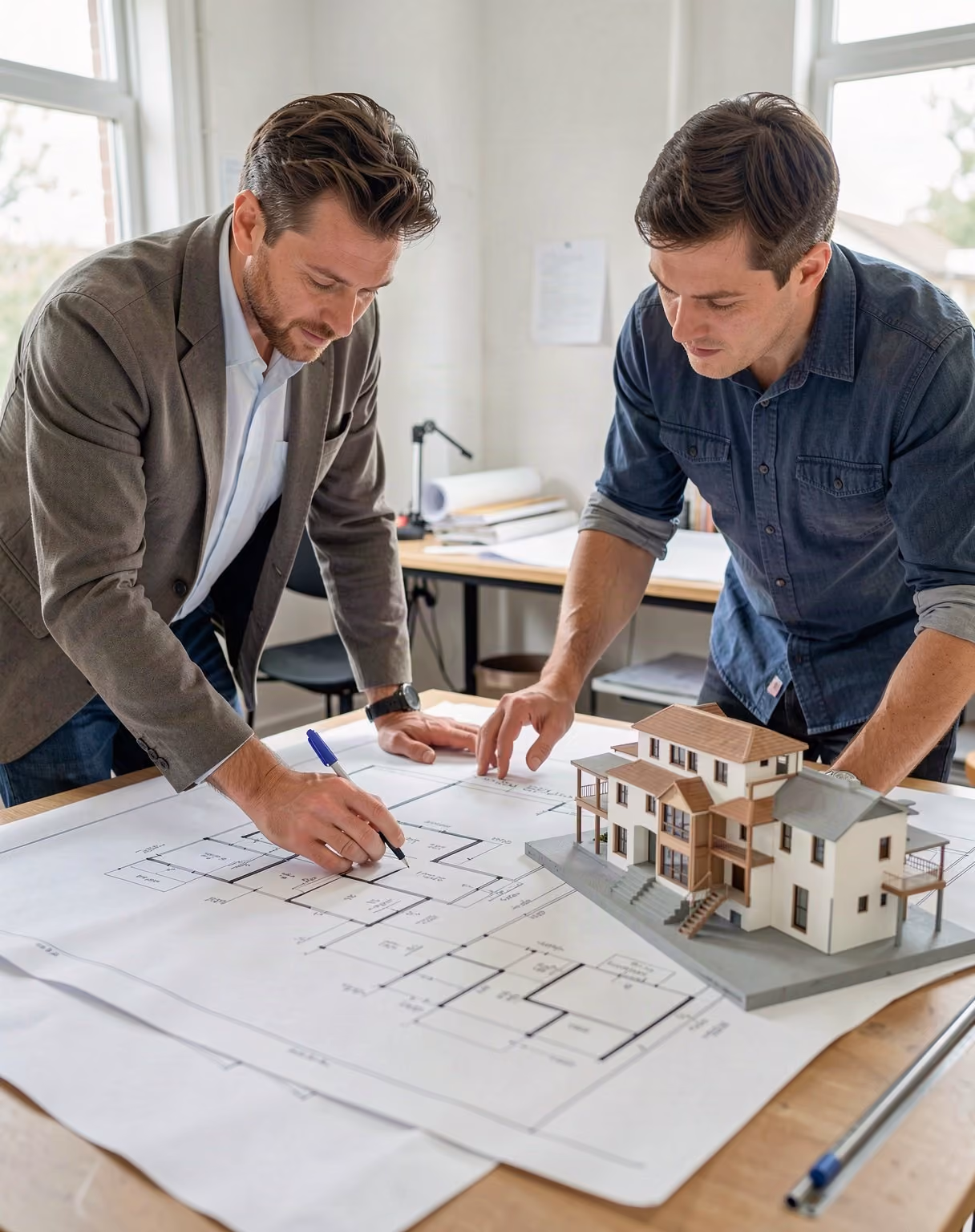 Architects reviewing blueprints beside a scale architectural model