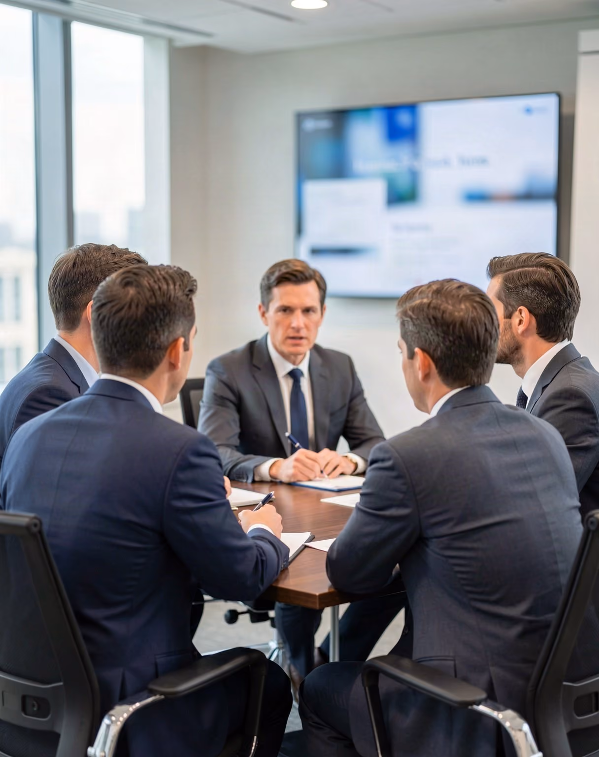Colleagues in discussion around a boardroom table