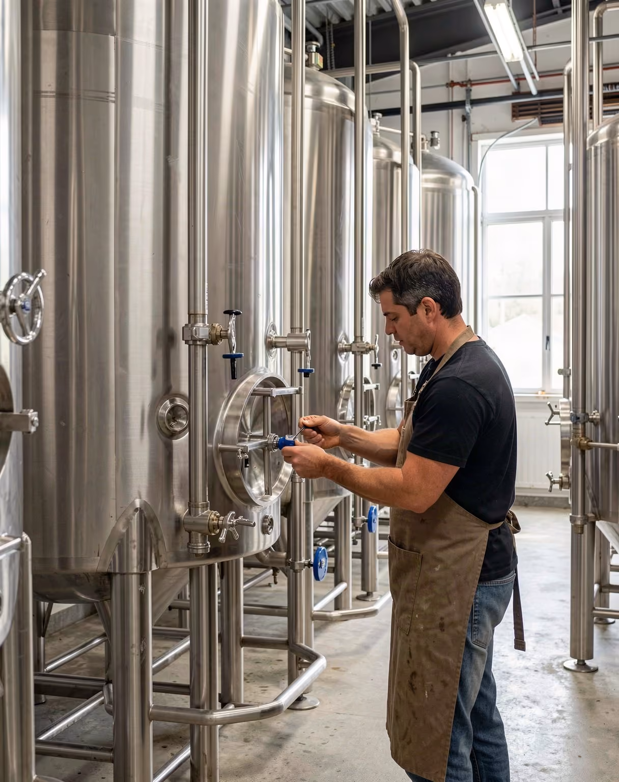 A brewer checking a valve beside stainless steel fermentation tanks