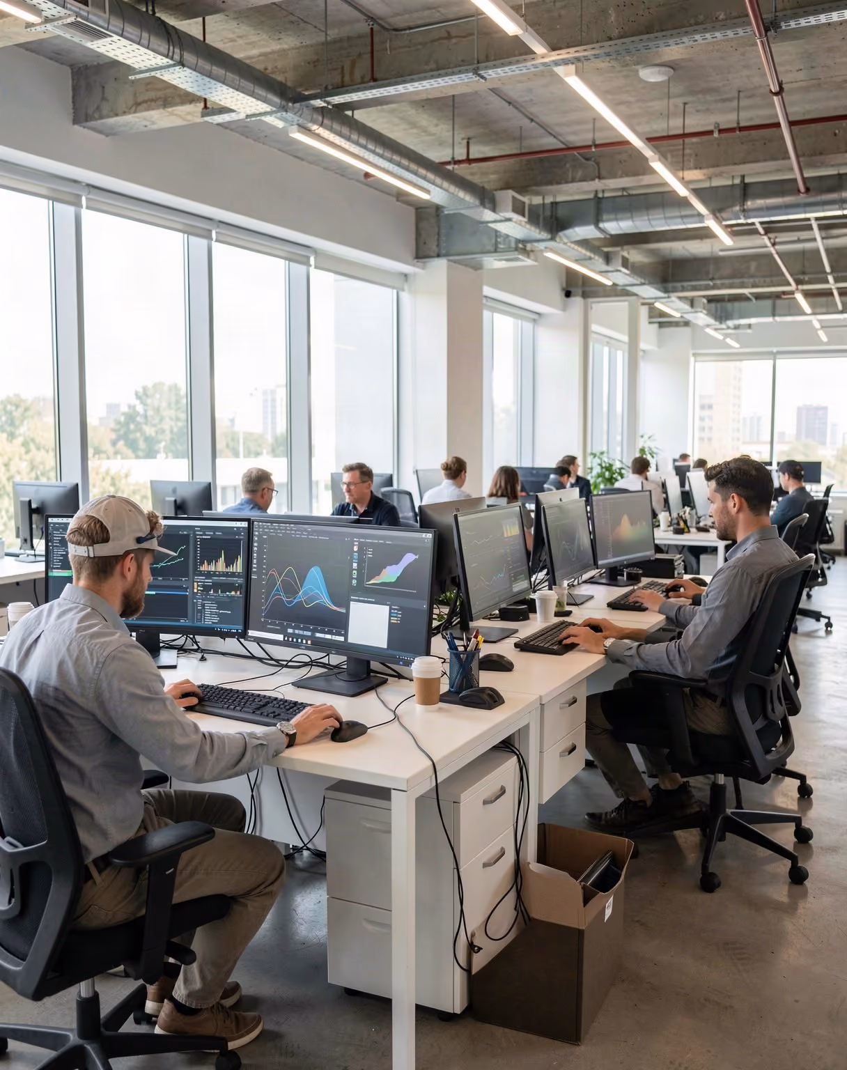 Engineers working at monitors in an open plan technology office
