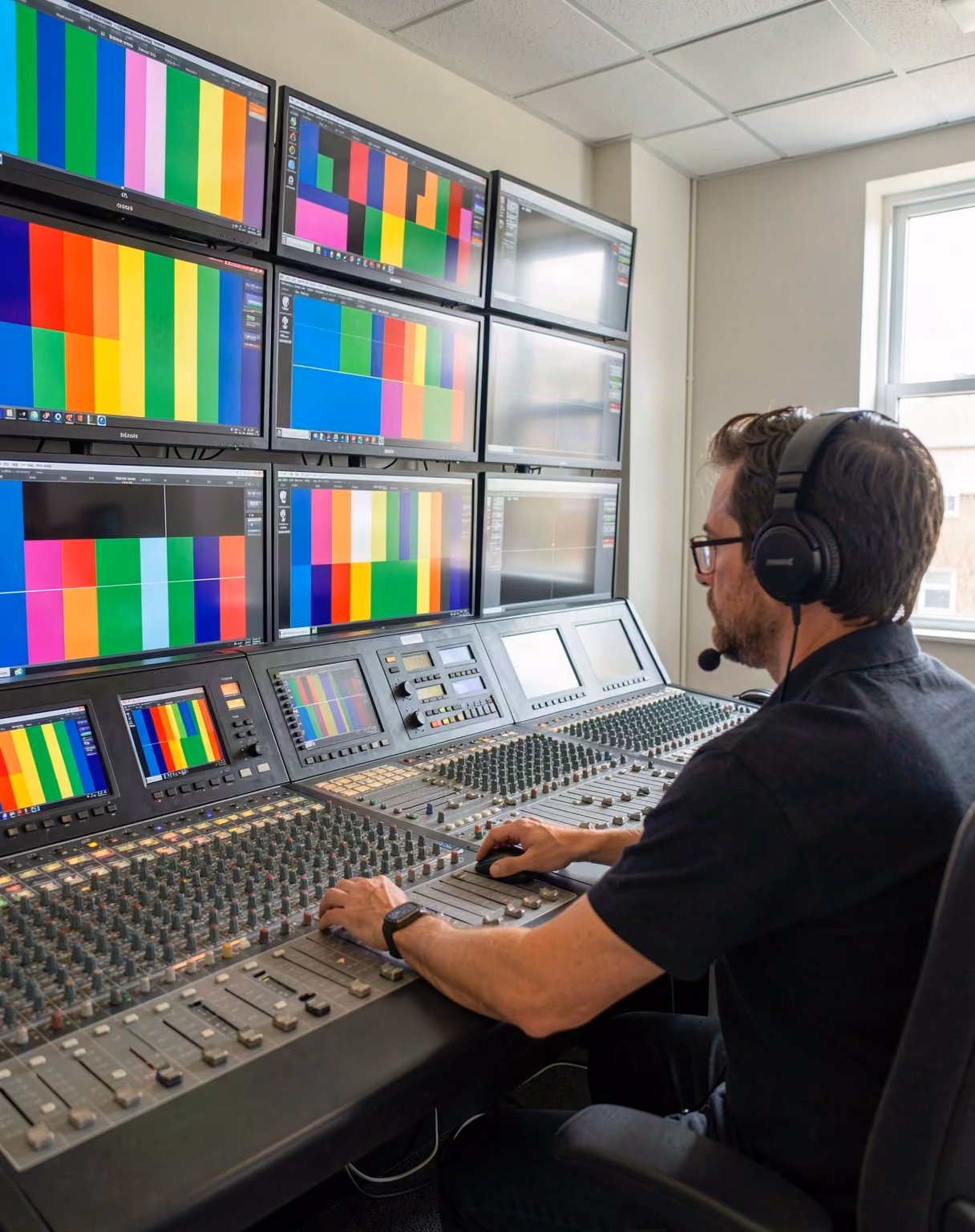 An operator at the mixing desk of a television control room